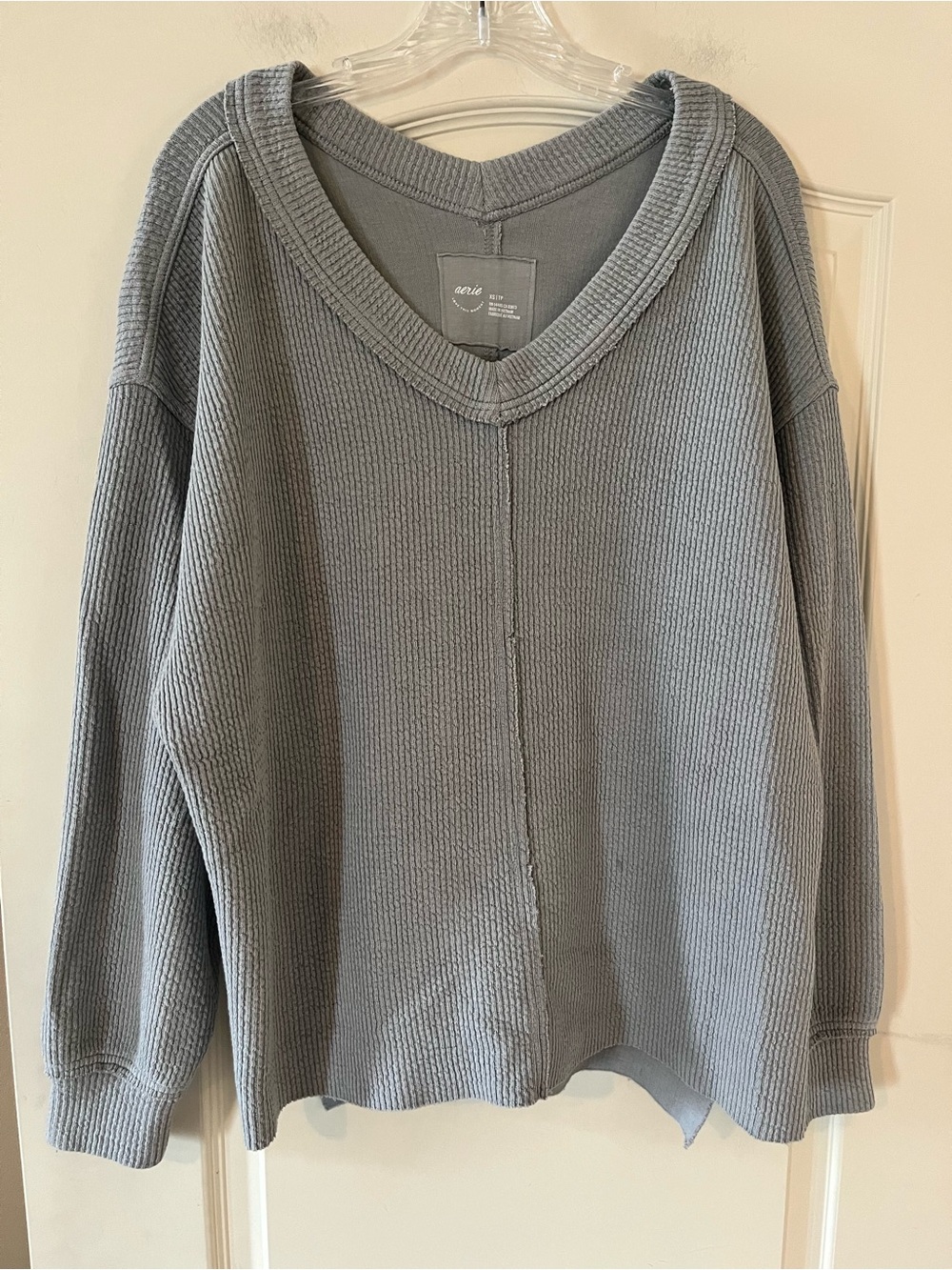 aerie Gray Waffle-Knit V-Neck Sweatshirt